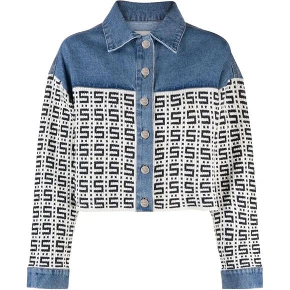 Sandro Blue and White Cropped Denim Jacket - Picture 5 of 10
